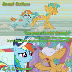 Size: 1920x1920 | Tagged: safe, edit, edited screencap, editor:itsmgh1203, imported from derpibooru, screencap, rainbow dash, snails, snips, pegasus, pony, unicorn, 2 4 6 greaaat, boast busters, season 1, season 9, spoiler:s09, blindfold, cap, coach rainbow dash, colt, english, eyes closed, female, foal, hat, magic, male, mare, open mouth, open smile, running, smiling, telekinesis, text