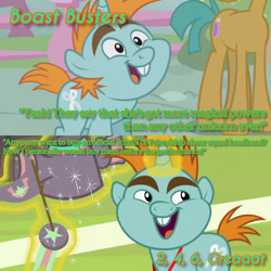 Size: 1920x1920 | Tagged: safe, edit, edited screencap, editor:itsmgh1203, imported from derpibooru, screencap, snails, snips, pony, unicorn, 2 4 6 greaaat, boast busters, season 1, season 9, spoiler:s09, colt, english, foal, magic, male, offscreen character, open mouth, open smile, smiling, solo focus, telekinesis, text