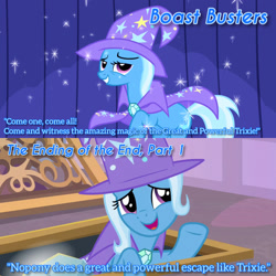 Size: 1920x1920 | Tagged: safe, edit, edited screencap, editor:itsmgh1203, imported from derpibooru, screencap, trixie, pony, unicorn, boast busters, season 1, season 9, the ending of the end, spoiler:s09, cape, clothes, english, female, grin, hat, mare, open mouth, open smile, school of friendship, smiling, solo, text, trixie's cape, trixie's hat