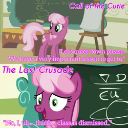 Size: 1920x1920 | Tagged: safe, edit, edited screencap, editor:itsmgh1203, imported from derpibooru, screencap, cheerilee, earth pony, pony, call of the cutie, season 1, season 9, the last crusade, spoiler:s09, apple, book, chalkboard, english, female, food, mare, open mouth, open smile, palindrome get, smiling, solo, text