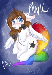 Size: 1423x2048 | Tagged: safe, artist:mscolorsplash, imported from derpibooru, oc, oc only, oc:color splash, pegasus, pony, anxiety, blushing, female, floppy ears, mare, rainbow tail, solo, tail, wavy mouth