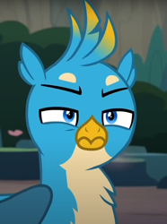 Size: 582x783 | Tagged: safe, imported from derpibooru, screencap, gallus, griffon, uprooted, cropped, gallus is not amused, male, reaction image, solo, unamused
