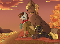 Size: 3591x2655 | Tagged: safe, artist:munrei, imported from derpibooru, oc, oc only, oc:autumn birch, oc:shade demonshy, oc:swango, hybrid, original species, pegasus, autumn, commission, forest, furry, mountain, picnic, picnic blanket, tree, wings