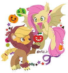 Size: 688x740 | Tagged: safe, artist:efuji_d, imported from derpibooru, applejack, fluttershy, bat pony, earth pony, pony, animal costume, apple, applelion, bat ponified, bat wings, candy, clothes, costume, cute, duo, duo female, fangs, female, flutterbat, flying, food, freckles, halloween, hatless, holiday, jackabetes, looking at something, mare, missing accessory, one eye closed, open mouth, pumpkin, race swap, raised hoof, shyabetes, simple background, spread wings, stars, white background, wings