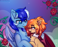Size: 2500x2000 | Tagged: safe, artist:fluffywhirlpool, imported from derpibooru, oc, oc only, oc:cinnamon dust, oc:ocean breeze, bat pony, pegasus, pony, bat pony oc, bust, chest fluff, commission, cute, ear fluff, eye clipping through hair, eyebrows, eyebrows visible through hair, female, flower, gradient mane, heart eyes, holding hooves, looking at each other, looking at someone, male, mare, oc x oc, open mouth, open smile, partially open wings, pegasus oc, romance, romantic, rose, shipping, sky background, smiling, smiling at each other, stallion, tongue out, wingding eyes, wings, ych result