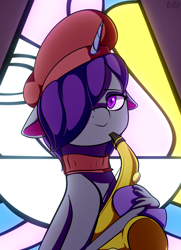 Size: 2172x3000 | Tagged: safe, artist:alexsc112, imported from derpibooru, pony, unicorn, spoiler:g5, spoiler:my little pony: tell your tale, spoiler:tyts01e27, all that jazz, beret, clothes, female, floppy ears, g5, hat, looking at you, mare, musical instrument, my little pony: tell your tale, onyx, saxophone, scarf, smiling, solo, unshorn fetlocks