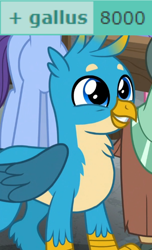 Size: 422x693 | Tagged: safe, edit, edited screencap, imported from derpibooru, screencap, gallus, november rain, yona, griffon, unicorn, yak, derpibooru, a rockhoof and a hard place, 8000, cropped, cute, friendship student, gallabetes, male, meta