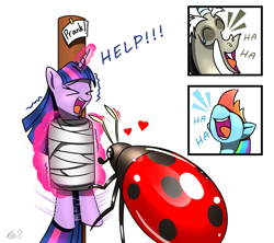 Size: 1757x1560 | Tagged: safe, artist:questionmarkdragon, imported from derpibooru, discord, rainbow dash, twilight sparkle, alicorn, insect, ladybug, pegasus, pony, ><, coccinellidaephobia, english, exclamation point, eyes closed, female, giant insect, haha, heart, help, laughing, male, mare, nose in the air, open mouth, open smile, prank, rainbow douche, simple background, smiling, stake, this will end in strained friendships, tied up, trio, twilight hates ladybugs, twilight sparkle (alicorn)