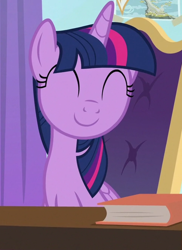 Size: 484x665 | Tagged: safe, imported from derpibooru, screencap, twilight sparkle, alicorn, pony, friendship university, season 8, spoiler:s08, ^^, book, cropped, cute, eyes closed, female, mare, smiling, solo, twiabetes, twilight sparkle (alicorn)