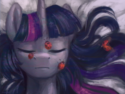 Size: 2000x1500 | Tagged: safe, artist:jewellier, imported from derpibooru, twilight sparkle, insect, ladybug, pony, unicorn, bust, eyes closed, female, insect on nose, mare, portrait, sleeping, solo, this will end in tears, this will not end well, twilight hates ladybugs, what could possibly go wrong