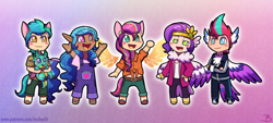 Size: 1768x798 | Tagged: safe, artist:inuhoshi-to-darkpen, imported from derpibooru, hitch trailblazer, izzy moonbow, pipp petals, sunny starscout, zipp storm, dragon, human, artificial wings, augmented, chibi, dark skin, eared humanization, g5, humanized, magic, magic wings, mane five (g5), open mouth, sparky sparkeroni, tail, tailed humanization, wing ears, winged humanization, wings