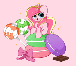 Size: 4256x3672 | Tagged: safe, artist:kittyrosie, imported from derpibooru, oc, oc only, oc:rosa flame, pony, unicorn, candy, chocolate, cute, ear fluff, female, food, high res, jewelry, lollipop, macaron, mare, not cadance, ocbetes, raised hoof, raised leg, redraw, smiling, solo, sweets, tiara
