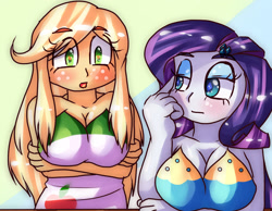 Size: 1315x1023 | Tagged: safe, artist:araiiara123, imported from derpibooru, applejack, rarity, human, equestria girls, bare shoulders, female, lesbian, rarijack, shipping, sleeveless, strapless