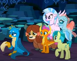 Size: 832x664 | Tagged: safe, imported from derpibooru, screencap, gallus, ocellus, sandbar, silverstream, smolder, yona, changedling, changeling, classical hippogriff, dragon, earth pony, griffon, hippogriff, pony, yak, uprooted, bow, cloven hooves, cropped, hair bow, jewelry, monkey swings, necklace, student six