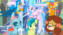 Size: 1600x900 | Tagged: safe, imported from derpibooru, screencap, gallus, ocellus, sandbar, silverstream, smolder, yona, changedling, changeling, classical hippogriff, dragon, earth pony, griffon, hippogriff, pony, yak, uprooted, cute, diaocelles, diastreamies, gallabetes, sandabetes, smolderbetes, student six, treehouse of harmony, yonadorable