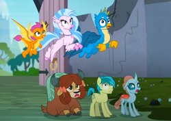 Size: 788x559 | Tagged: safe, imported from derpibooru, screencap, gallus, ocellus, sandbar, silverstream, smolder, yona, changedling, changeling, classical hippogriff, dragon, earth pony, griffon, hippogriff, pony, yak, uprooted, cropped, student six