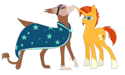 Size: 6784x4104 | Tagged: safe, artist:snows-doodles, imported from derpibooru, sunburst, oc, oc:suban, griffon, unicorn, accessory swap, cloak, clothes, goggles, griffon oc, shipping, simple background, strutting, sunburst's cloak, transparent background