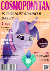 Size: 2894x4093 | Tagged: safe, artist:palettenight, imported from derpibooru, twilight sparkle, alicorn, crystal pony, pony, spoiler:g5, spoiler:my little pony: make your mark, bust, cosmopolitan, crystal, earth pony crystal, english, female, g5, implied hitch trailblazer, implied pipp petals, implied sugar moonlight, implied zipp storm, looking down, magazine, mare, my little pony: make your mark, pegasus crystal, portrait, qr code, reflection, smiling, solo, unicorn crystal, unity crystals