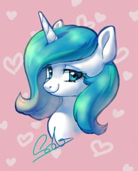 Size: 2988x3693 | Tagged: artist needed, safe, imported from derpibooru, oc, oc only, oc:time slowly, pony, unicorn, bust, female, heart, high res, horn, looking at you, mare, pink background, signature, simple background, smiling, smiling at you, unicorn oc