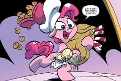Size: 1125x750 | Tagged: safe, artist:jay fosgitt, idw, imported from derpibooru, pinkie pie, earth pony, pony, friends forever, spoiler:comic, apron, candy, candy cane, chef's hat, clothes, cookie, cookie jar, cute, dialogue, diapinkes, english, female, flour sack, food, hat, mare, solo, turnip