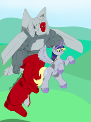 Size: 2250x3000 | Tagged: safe, artist:soundwavedragon, imported from derpibooru, derpy hooves, pegasus, pony, robot, alicorn costume, broadside (transformers), clothes, costume, fake horn, flying, nightmare night costume, simple background, toilet paper roll horn, transformers, twilight muffins, wig