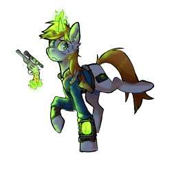 Size: 1079x1066 | Tagged: safe, artist:sketchtablet, imported from derpibooru, oc, oc only, oc:littlepip, pony, unicorn, fallout equestria, clothes, female, gun, handgun, horn, jumpsuit, little macintosh, magic, mare, pipbuck, revolver, simple background, solo, telekinesis, transparent background, unicorn oc, weapon