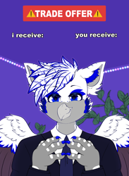 Size: 2200x3000 | Tagged: safe, artist:etoz, imported from derpibooru, oc, oc only, oc:light speed, griffon, clothes, commission, english, eyebrows, griffon oc, male, meme, meme template, template, trade offer, wings