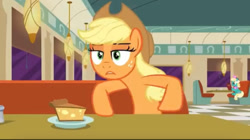 Size: 828x465 | Tagged: safe, imported from derpibooru, screencap, applejack, honey curls, mare e. lynn, earth pony, the saddle row review, cafe, duo, duo female, female, food, mare, pie