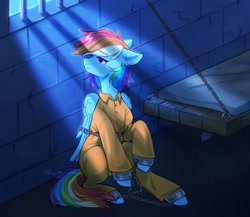 Size: 2048x1778 | Tagged: safe, artist:tyutya, imported from derpibooru, rainbow dash, mouse, pegasus, pony, bed, bound wings, cell, chains, clothes, commission, cuffed, cuffs, jail cell, jumpsuit, never doubt rainbowdash69's involvement, prison, prison outfit, prisoner rd, sad, shackles, solo, wings