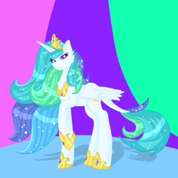 Size: 2022x2022 | Tagged: safe, artist:lindasaurie, imported from derpibooru, princess celestia, alicorn, pony, chest fluff, ethereal mane, high res, jewelry, looking at you, raised hoof, redesign, regalia, solo