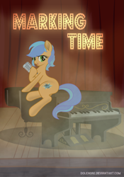 Size: 733x1050 | Tagged: safe, artist:dolenore, imported from derpibooru, oc, oc:da capo aria, earth pony, pony, english, fanfic art, female, mare, microphone, musical instrument, piano, solo