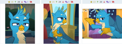 Size: 748x269 | Tagged: safe, imported from derpibooru, screencap, gallus, griffon, derpibooru, uprooted, gallus is not amused, juxtaposition, meta, solo, unamused