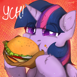 Size: 2480x2480 | Tagged: safe, artist:sinrinf, imported from derpibooru, twilight sparkle, alicorn, pony, burger, bust, commission, cute, female, food, horn, mare, portrait, solo, twiabetes, twilight burgkle, twilight sparkle (alicorn), wings, ych example, your character here