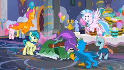 Size: 1600x900 | Tagged: safe, imported from derpibooru, screencap, gallus, november rain, ocellus, sandbar, silverstream, smolder, yona, changedling, changeling, classical hippogriff, dragon, earth pony, griffon, hippogriff, pony, yak, she's all yak, balloon, bowtie, butt, clothes, cloven hooves, colored hooves, dragoness, dress, female, flying, food, friendship student, jewelry, male, necklace, plot, student six, teenager, trophy