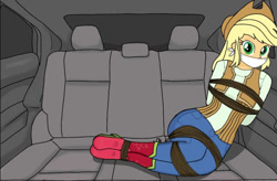 Size: 1080x708 | Tagged: safe, artist:fishielo, imported from derpibooru, applejack, human, equestria girls, bondage, bound and gagged, car, car seat, cloth gag, gag, kidnapped, requested art, rope, rope bondage, ropes, sad, scared, tied up, worried