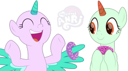 Size: 6483x3599 | Tagged: safe, artist:emperor-anri, imported from derpibooru, oc, oc only, alicorn, pony, alicorn oc, base, donut, duo, food, hoof hold, horn, laughing, simple background, spread wings, transparent background, wing hands, wings