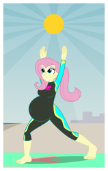 Size: 2275x3600 | Tagged: dead source, safe, artist:snap1994, imported from derpibooru, fluttershy, human, equestria girls, arms in the air, barefoot, beach, belly, belly button, big belly, breasts, busty fluttershy, feet, female, fluttershy's wetsuit, outie belly button, preggoshy, pregnant, solo, stretching, wetsuit