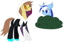 Size: 2997x2001 | Tagged: safe, artist:emc-blingds, imported from derpibooru, oc, oc only, oc:ferb fletcher, oc:zipper zest, pegasus, pony, unicorn, bush, clothes, cosplay, costume, duo, ear fluff, glasses, grin, hiding, male, not minuette, simple background, smiling, spider-gwen, stallion, transparent background