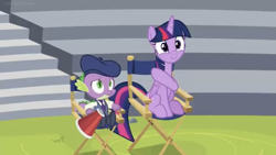 Size: 1334x750 | Tagged: safe, imported from derpibooru, screencap, spike, twilight sparkle, alicorn, dragon, pony, horse play, beret, chair, director's chair, female, hat, mare, megaphone, twilight sparkle (alicorn)