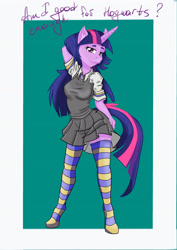 Size: 2480x3506 | Tagged: safe, artist:furryfantan, imported from derpibooru, twilight sparkle, anthro, unicorn, arm behind head, clothes, english, harry potter (series), jacket, legwear, pose, school uniform, simple background, skirt, socks, solo, stockings, striped socks, thigh highs