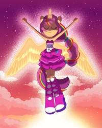 Size: 800x1000 | Tagged: safe, artist:tialtri, imported from twibooru, sunny starscout, alicorn, equestria girls, equestria girls (movie), boots, clothes, dress, equestria girls-ified, fall formal outfits, g5, high heel boots, horn, image, needs more jpeg, ponied up, shoes, solo, wings