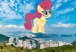 Size: 1920x1311 | Tagged: safe, artist:baumkuchenpony, artist:jaredking779, imported from derpibooru, posey shy, pegasus, pony, female, folded wings, giant pegasus, giant pony, giantess, glasses, highrise ponies, hong kong, irl, jewelry, macro, mare, mega giant, necklace, pearl necklace, photo, ponies in real life, smiling, solo, wings