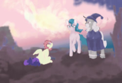 Size: 1280x869 | Tagged: safe, artist:akela, imported from twibooru, princess celestia, princess luna, star swirl the bearded, oc, alicorn, pony, duo, female, image, male, mare, needs more jpeg, stallion, tabun art-battle, younger