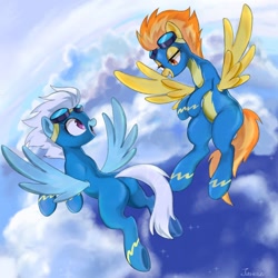 Size: 1000x1000 | Tagged: safe, artist:kanerudo66, imported from derpibooru, fleetfoot, spitfire, pegasus, pony, butt, clothes, cloud, duo, female, flying, lidded eyes, looking at each other, looking at someone, mare, open mouth, open smile, plot, sky, smiling, spread wings, uniform, wings, wonderbolts, wonderbolts uniform