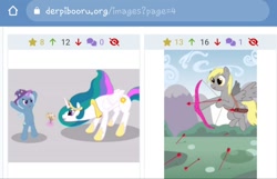 Size: 1020x655 | Tagged: safe, imported from derpibooru, derpy hooves, princess celestia, trixie, derpibooru, juxtaposition, meta