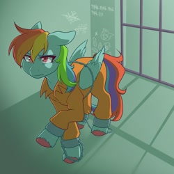 Size: 1400x1400 | Tagged: safe, artist:grumpimoon, imported from derpibooru, rainbow dash, pegasus, pony, cell, clothes, commission, commissioner:rainbowdash69, cuffed, jail, jail cell, jumpsuit, never doubt rainbowdash69's involvement, prison, prison outfit, prisoner rd