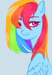 Size: 410x586 | Tagged: safe, artist:riceflowers_art, imported from derpibooru, rainbow dash, pegasus, pony, bust, female, looking at you, mare, simple background, solo