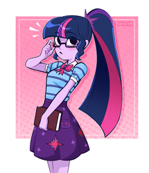 Size: 1852x2156 | Tagged: safe, artist:syrupyyy, imported from derpibooru, sci-twi, twilight sparkle, human, equestria girls, blushing, book, bowtie, clothes, cute, female, glasses, shirt, skirt, solo, twiabetes