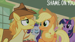 Size: 1920x1080 | Tagged: safe, edit, edited screencap, editor:quoterific, imported from derpibooru, screencap, applejack, braeburn, fluttershy, rarity, twilight sparkle, earth pony, pegasus, pony, unicorn, over a barrel, season 1, cousins, english, faic, female, frown, male, mare, open mouth, stallion, unicorn twilight, wavy mouth