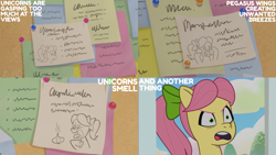 Size: 4400x2475 | Tagged: safe, edit, edited screencap, editor:quoterific, imported from derpibooru, screencap, earth pony, pony, spoiler:g5, spoiler:my little pony: tell your tale, spoiler:tyts01e23, angry, another pony's trash, blech, bow, complaining, disgusted, drawing, english, female, g5, garlic, hair bow, implied pegasus, implied unicorn, mare, my little pony: tell your tale, open mouth, posey bloom, sticky note, tongue out